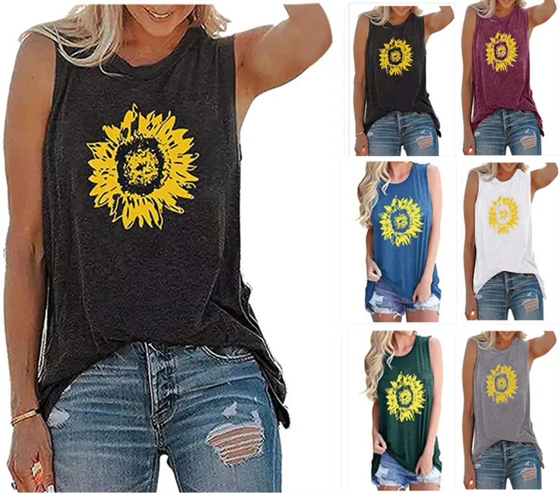

Hot Summer Hot Sale Ladies Vest Sunflower Print Loose Round Neck Sleeveless T-Shirt