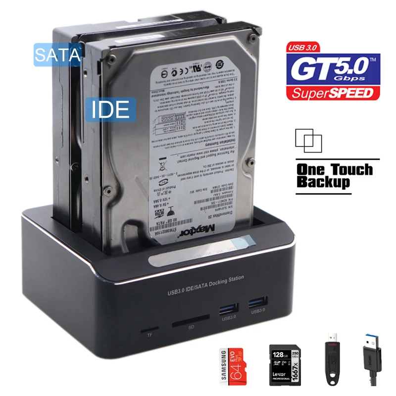 Dual Bay USB 3.0 to SATA IDE External Hard Drive Docking Station With 2-Port Hub and Card Reader For 2.5/3.5 Inch SATA/IDE HDD
