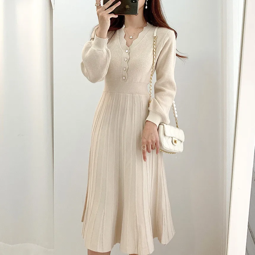 

Woman Sweater Dresses Vintage One Piece Korean Pleated Dress Long Sleeve Slim Knitted Elegant Midi Party Woman Dress Autumn