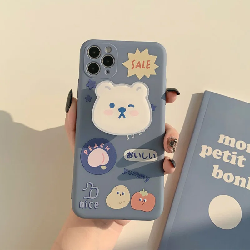 

Wih stand holder phone cover cute cartoon bear nice case for iphone 7 xs max 12 mini 8 plus 11 pro max x xr shell capa conque