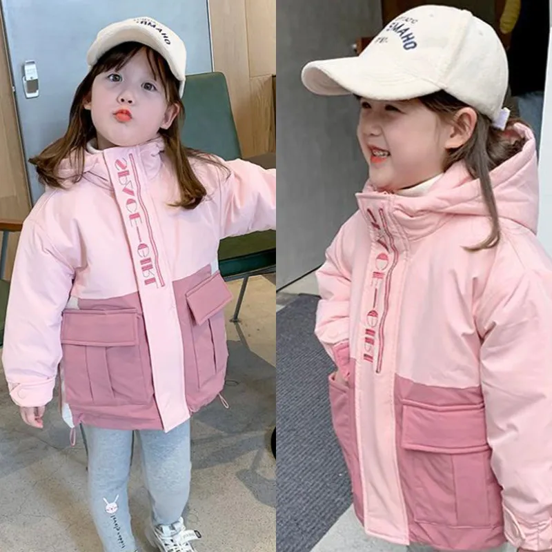 

New Coat Girls Thick Outdoor Jacket Kids Warm Hooded Pink Outerwear Winter Spring Teenage School Letter Clothes High Quality