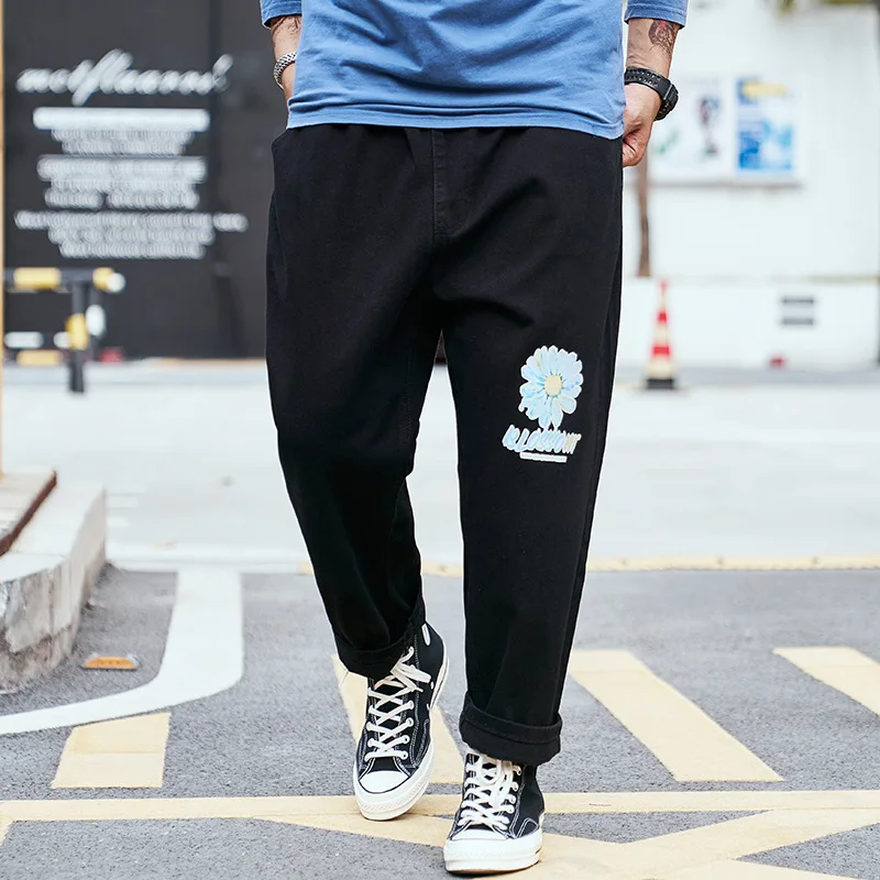 

Big size men's fat 9 / 4 jeans loose Harlan straight pants wide leg plus fat big Korean daddy pants