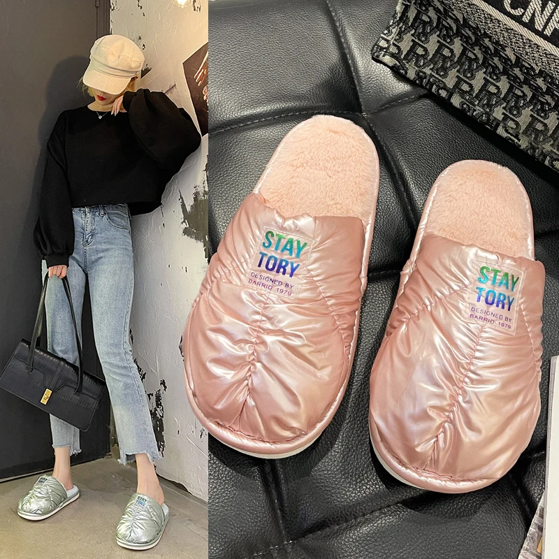

Winter Women Slippers Waterproof Laser Outdoor Warm Furry Slippers Indoor Home Cotton Shoes Fur Slides Lover Plush House Slipper