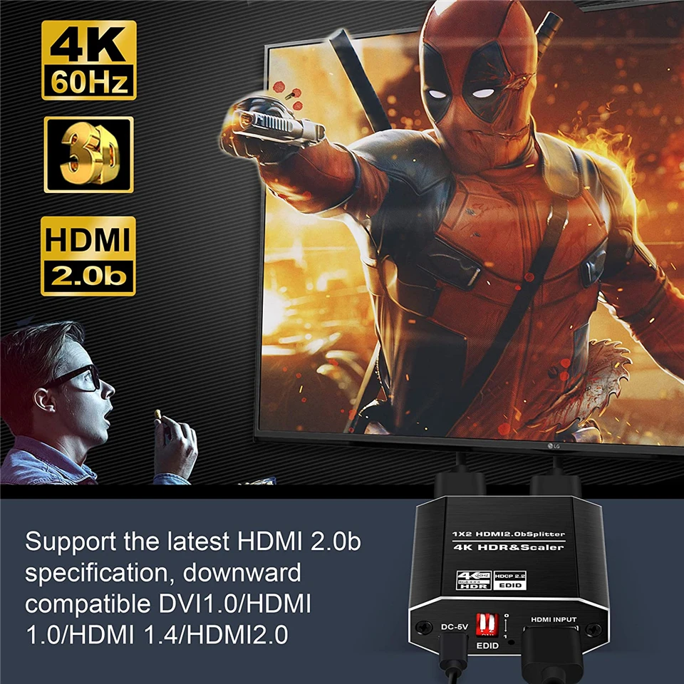 ProAV 4K UHD HDMI Splitter 2.0 1x2 HDMI 2.0 Splitter HDCP 2.2 HDR Splitter HDMI 2.0 4K HDMI2.0 Splitter For Blu-ray DVD PS3 PS4