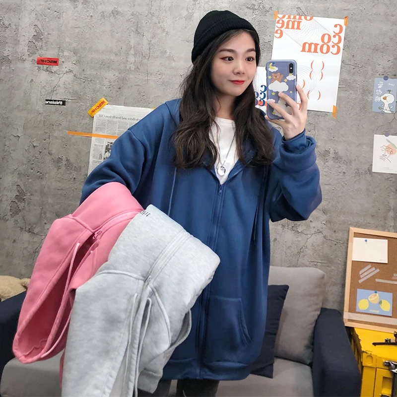 

Harajuku with Hat Hoodies Women Zipper Kangaroo Pocket Casual Loose Solid Color Sweatshirt Female Fashion Tops Jogging Femme