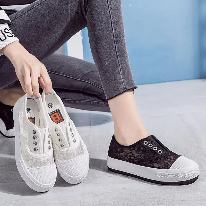

Thick-soled increased summer mesh lace canvas shoes women's breathable white shoes cover feet low-top women's shoes
