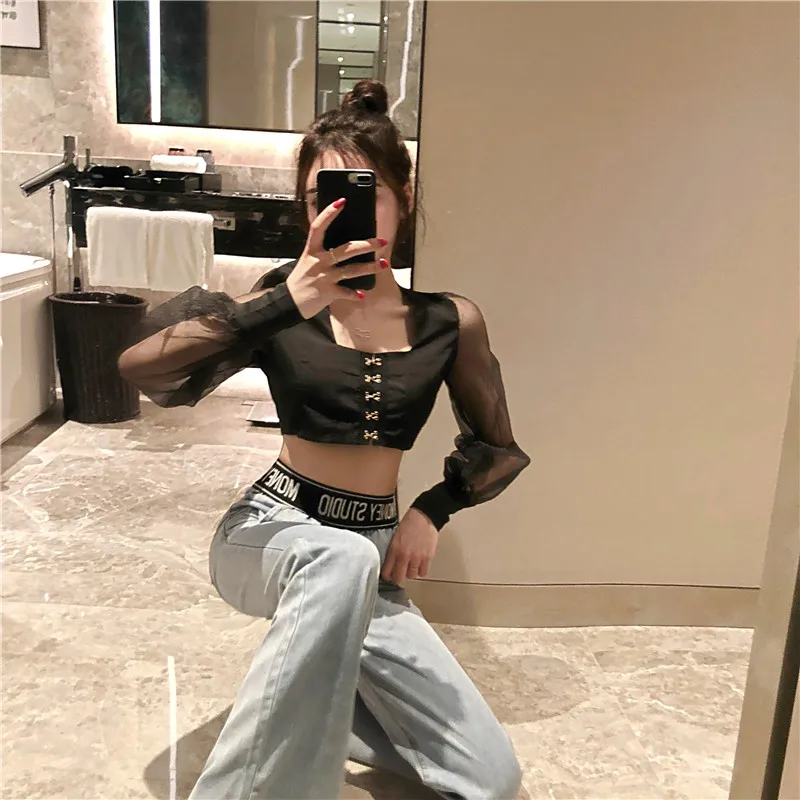 2019 осенний Новый женский костюм из органзы сетчатый лоскутный сексуальный