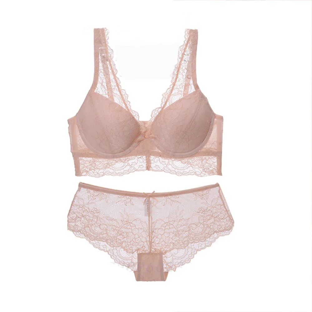 

Woman sexy deep V-neck padded push up adjustment side collection bra and panties lace decoration