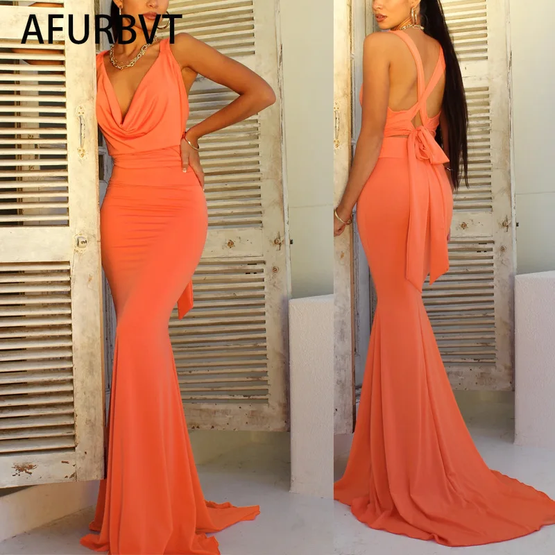 

Women 2021 Summer Long Party Dress Evening Backles Bandage Celebrity Maxi V Neck Long Dresses Orange