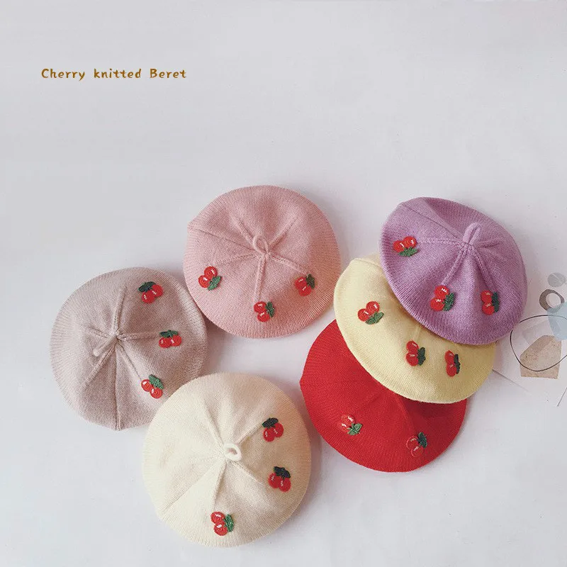 

Autumn Winter Baby Knitted Beret Kids Cherry Painter Hat Cute Heart Bernat French Artist Warm Wool Girl Beanie Korea Fashion New