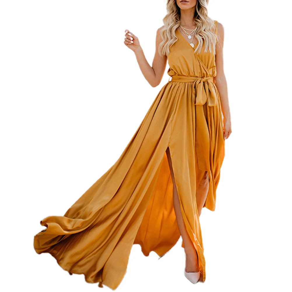 

Sexy Women Summer Sleeveless V-neck Dress Fashion Split Solid Color Dress For Ladies Girls New Style 2021