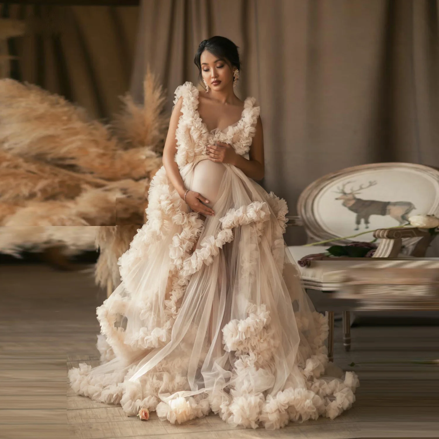 

V-neck tulle frilly ruffled maternity dress photography shooting prom party dress custom