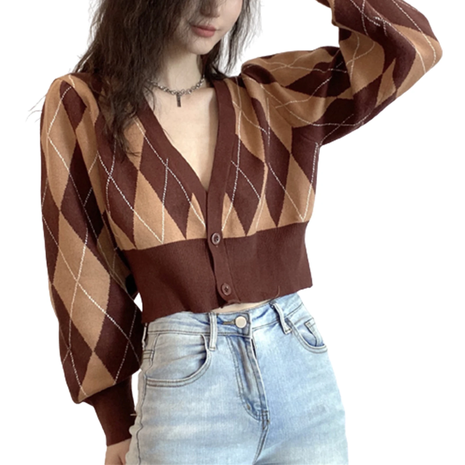 

Women Short Loose Sweater Adults Argyle Print Long Sleeve Deep V-neck Button Knit Cardigan