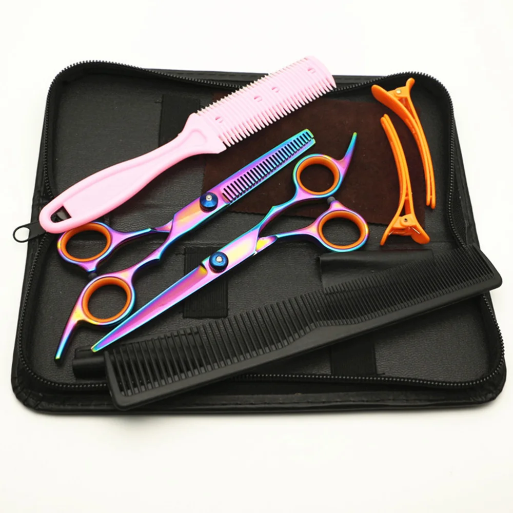 

1 Set/6PCS Colorful Hair Scissors Hairdressing Scissors Professional Barber Salon Tools Teeth Scissors Comb Set