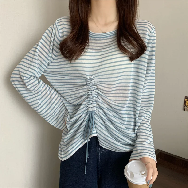 

Korean Style Western T-shirt Ins Lazy Knitted Stripes Tops Harajuku T Shirt Women Summer Tee Big Size Japan Young Fashion Girl
