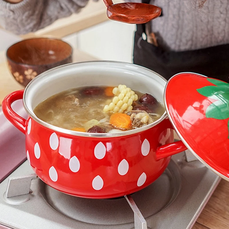 2.2L Eanmel Cooking Pot Strawberry Thickening Enamel Hotpot 18CM Instant Noodle Milk Soup Induction Cooker Gas General | Дом и сад