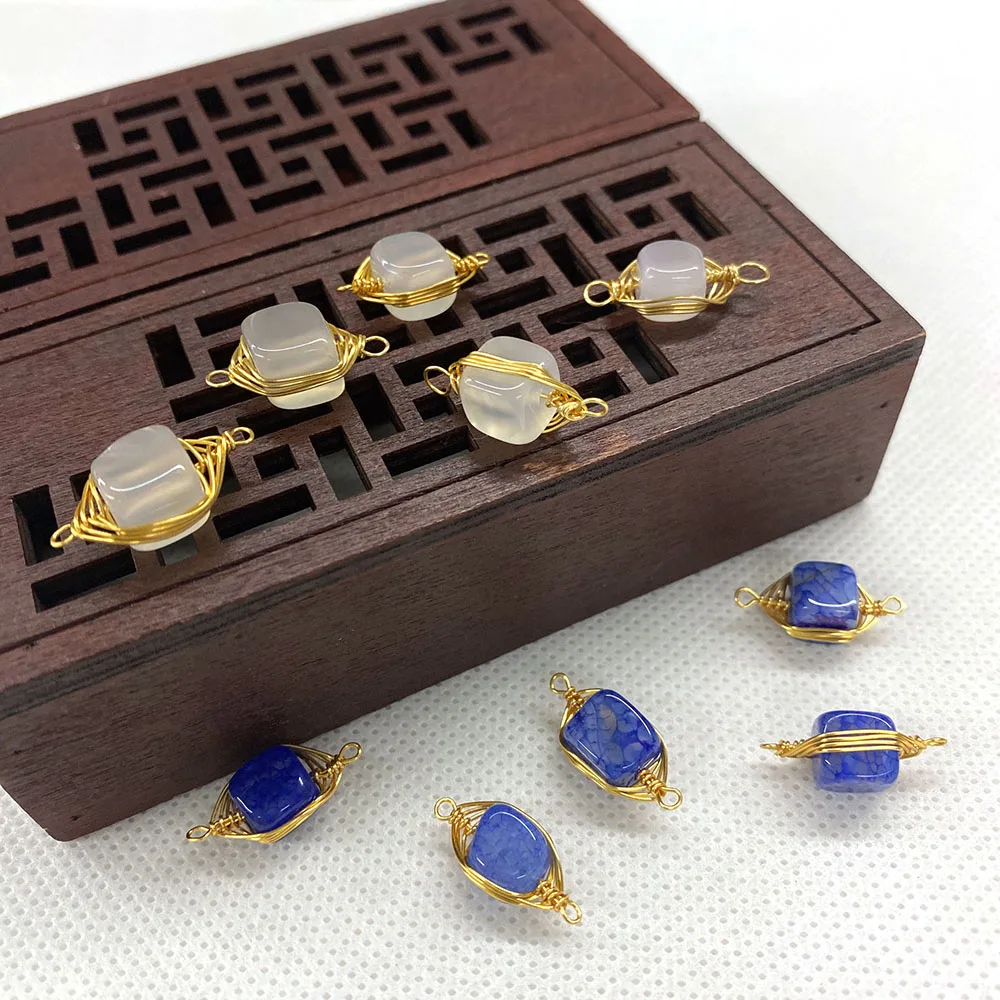 

3pcs Natural Stone Pendant Irregular Shape Blue White Double Ring Pendant Connector DIY Handmade Jewelry Accessories Production