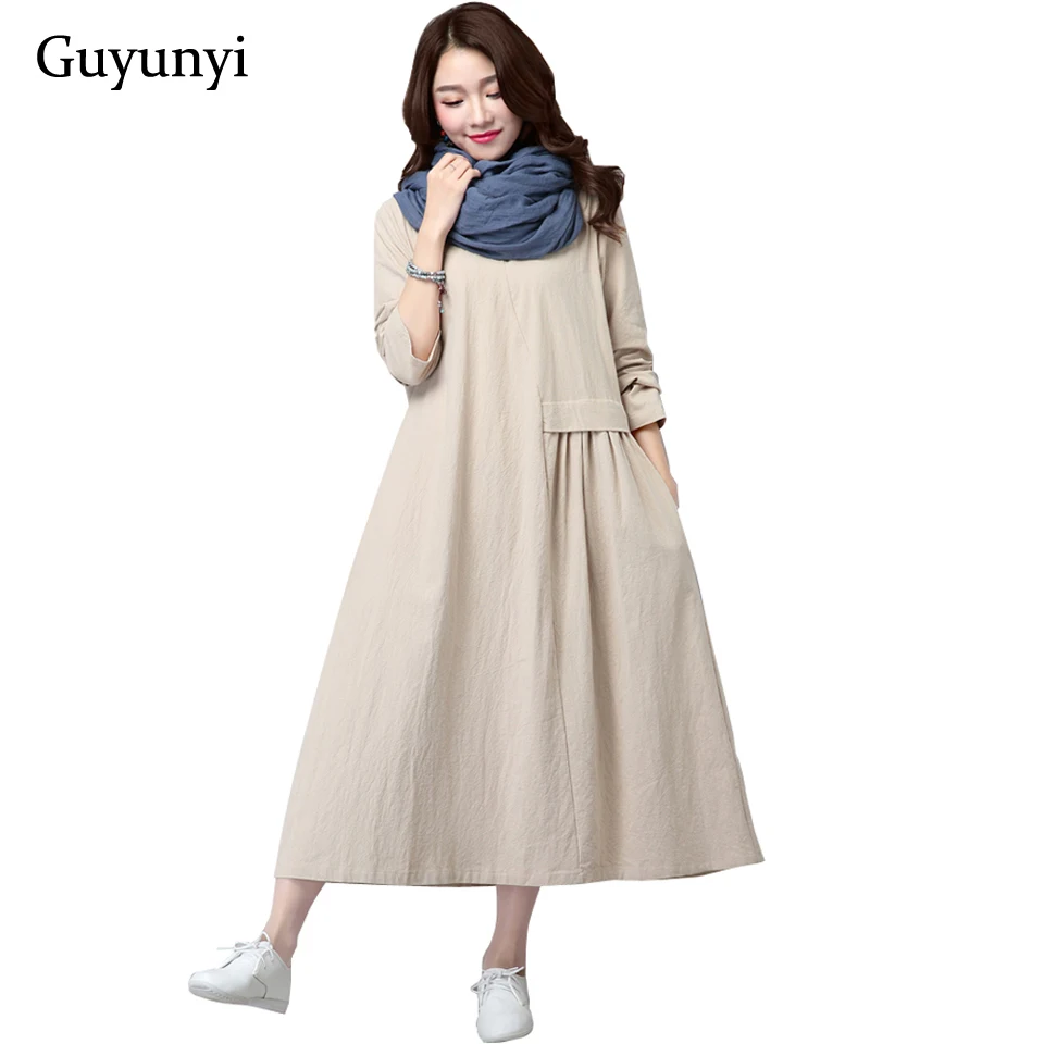 Платье женское Винтажное с длинным рукавом простое хлопково-льняное свободное