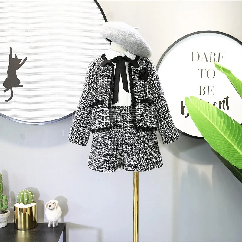 Новый Зимний комплект одежды для девочек клетчатый кардиган с длинным рукавом +