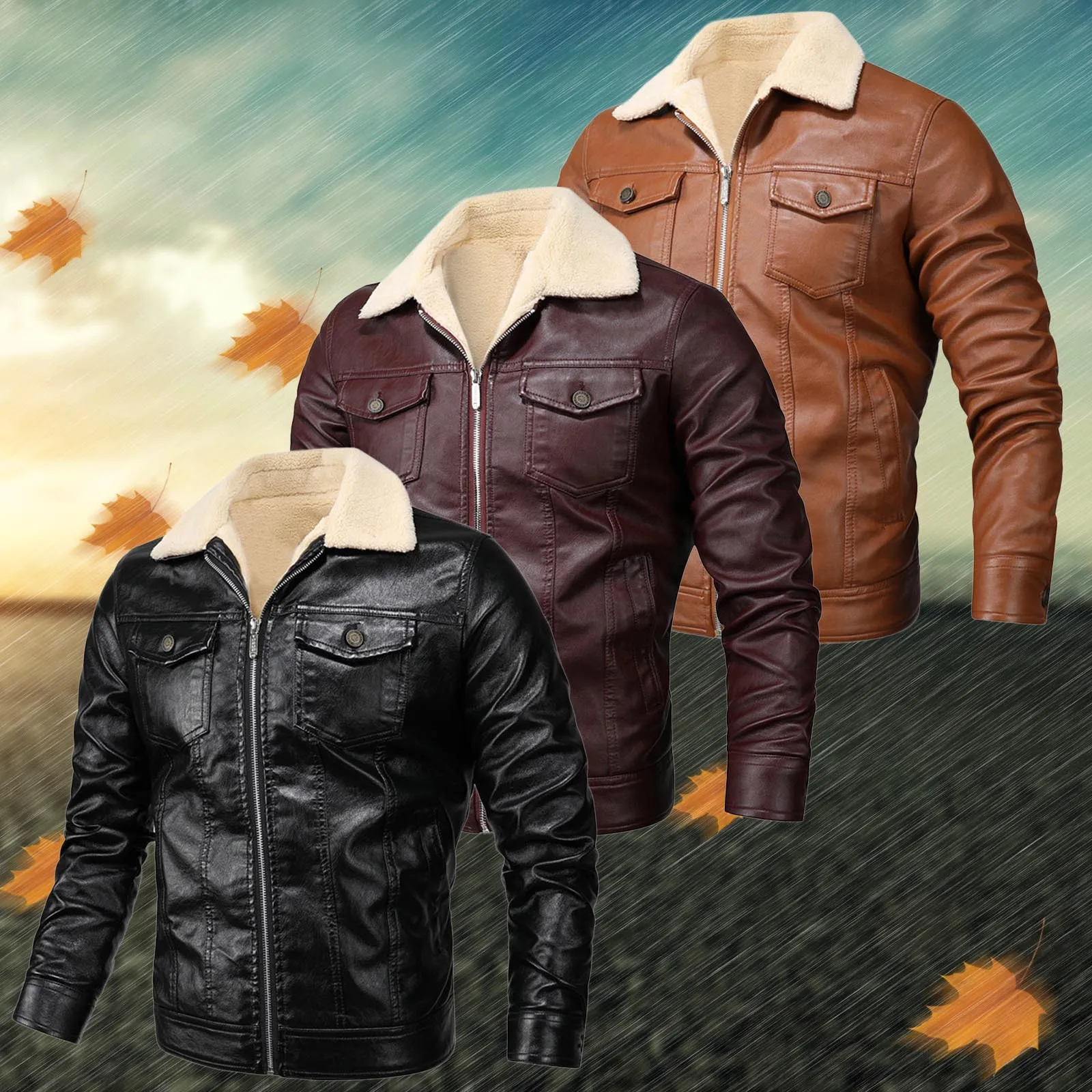 

Men's Jacket Autumn And Winter Leisure Cashmere Zipper Turndown Collar Pocket Windbreaker Waterproof Warm Leather Coat Jacket