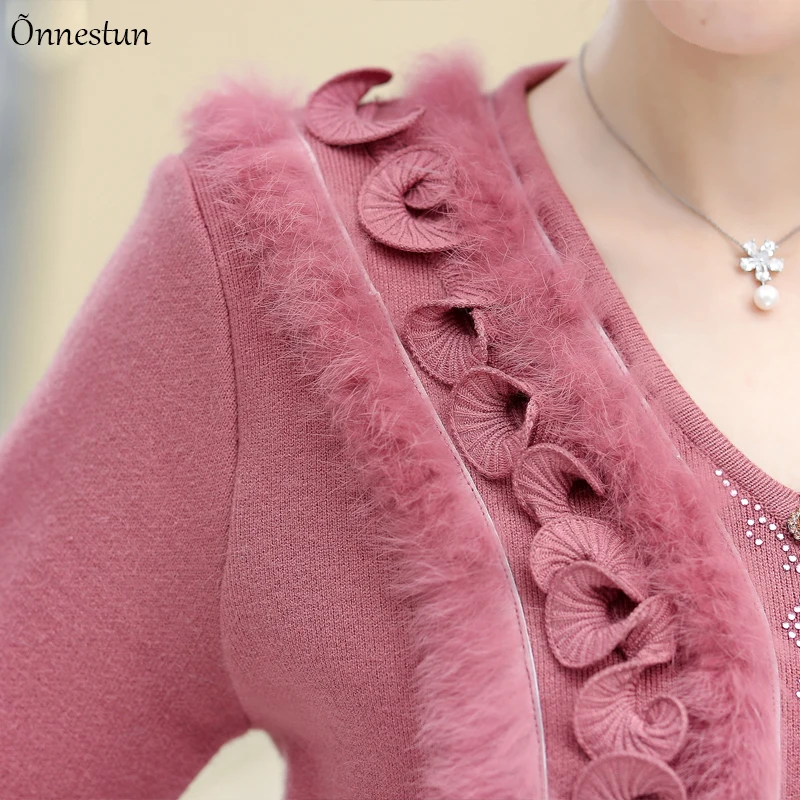 

Pink Sweater Women Winter Women Pullover Knitwear Crop Top Plus Velvet Women Clothes Furry V Neck Sweaters For Women