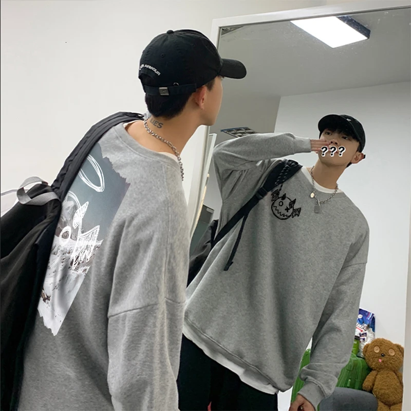 

ExtFine Korean Cute Demon Print Sweatshirts 2021 Male Basic Casual Pullovers Print Warm Fleece Men's Couple Hoodies Men Clothing