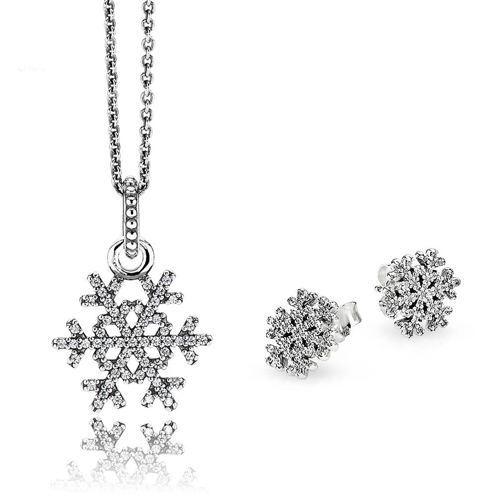 

NEW 100% 925 Sterling Silver 1:1 Genuine Shiny Snowflake Earrings Pendant Necklace Charm Jewelry Set Original Women Jewelry