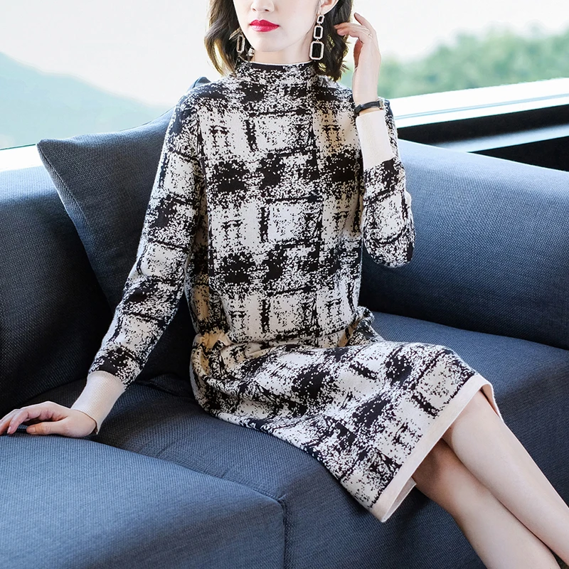 Plus Size Female Jacquard Pullover Sweater Dress 2020 Autumn Winter Women Elegant Casual Long Sleeve Loose Knitted Dresses L4154 | Женская