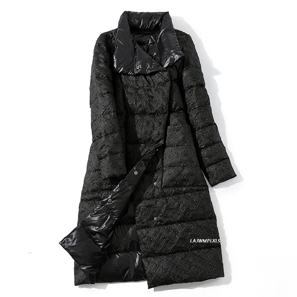 

Пуховик женский зимний, на утином пуху, длинный, в клетку, плотный, двусторонний, теплая, приталенный, 2021