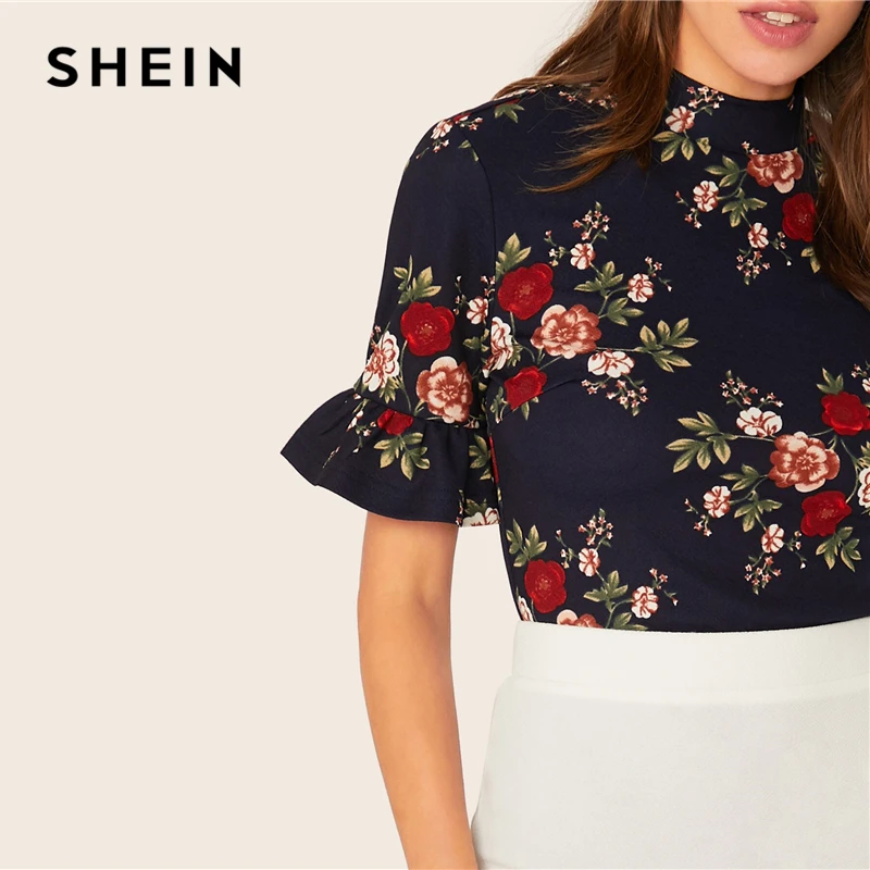 SHEIN abaya/темно-синяя гофрированная манжета с круглым вырезом, футболка с цветочным принтом, топ, женский летний рукав-Волан женские, облегающие элегантные футболки, топы