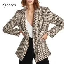 Kenancy новые клетчатые Лоскутные Женские повседневные блейзеры осенние нагрудные Длинные рукава женские топы двубортный блейзер с карманами