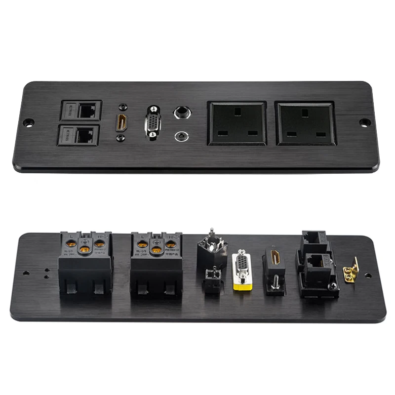 Панельная настольная розетка из алюминиевого сплава с 2 розетками переменного тока 6,35 + 3,5 аудио + VGA + Двойная сетевая электрическая розетка RJ45, совместимая с HDMI