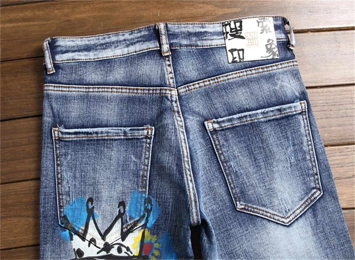 American style new letter washing printing cat whisker white men's slim micro-elastic jeans trendy men's trousers