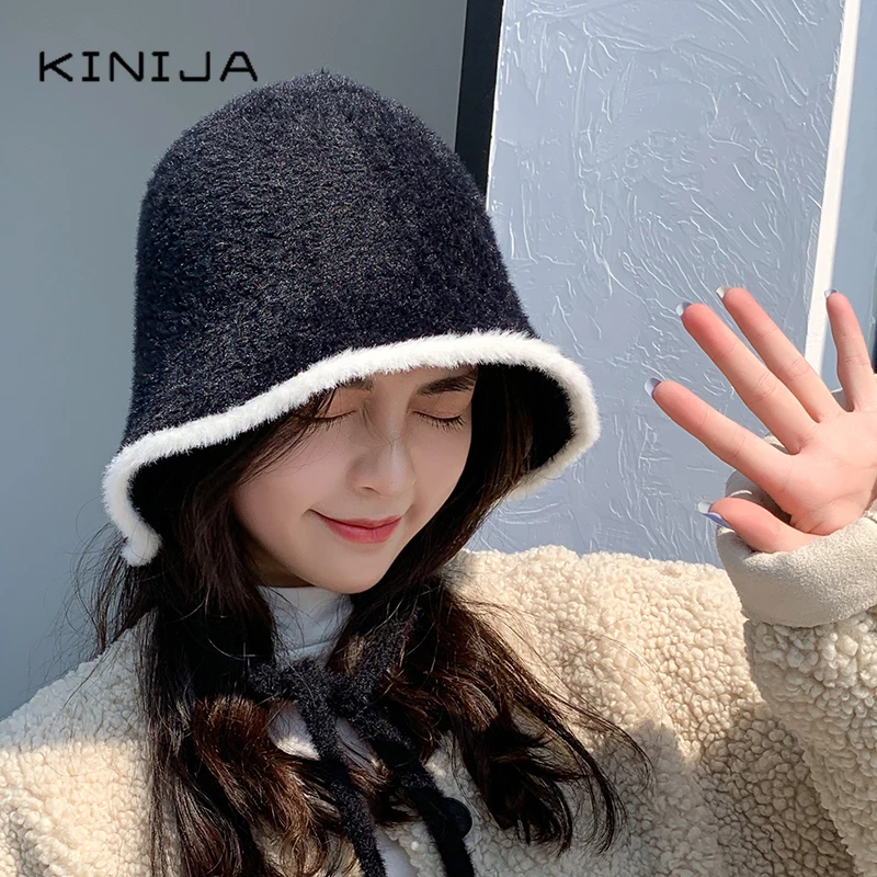 Корейская женская вязаная меховая бандажная Рыбацкая шапка зимняя плотная