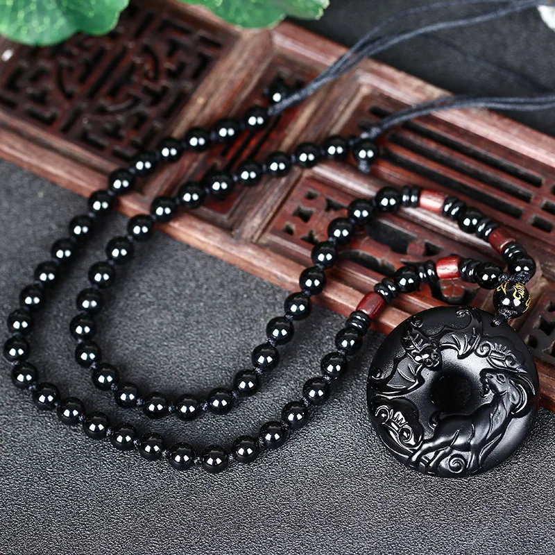 

Natural Black Obsidian Beads Necklace Hand-Carved Zodiac Sheep Safety Button Jade Pendant Fashion Charm Jewelry Amulet Gifts