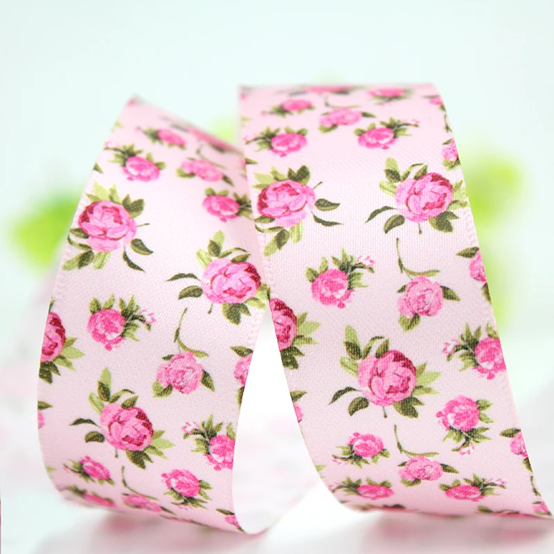 

Pink rose/flower printed satin ribbon 16-50mm Gift Bow Craft Wedding Party Supplies Silk Sewing Accessories Fabric 10 yards