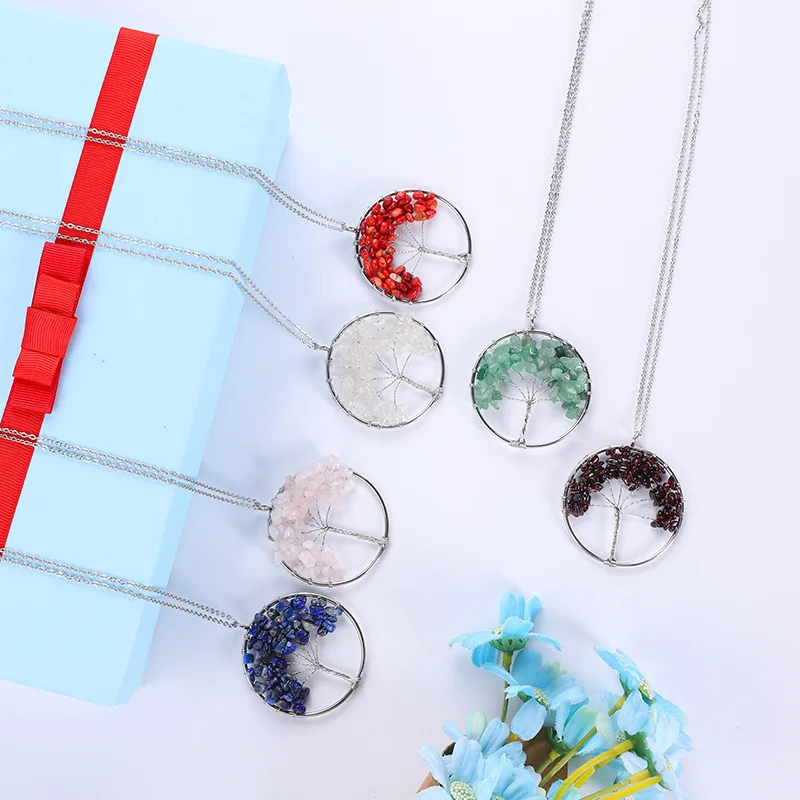 

7 Chakra Tree of Life Crystal Stone Tree of Wisdom Handmade Stainless Steel of Life Home Car Pendant Chain Decor Necklace