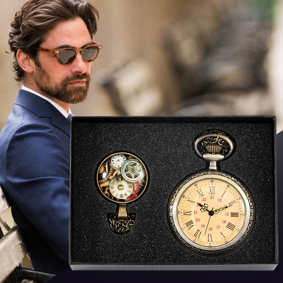 4pcs/set Fashion No Cover Design Chain Quartz Pocket Watch Necklace Gear Punk Jewelry Pendant Clock Gifts Sets Box - купить по