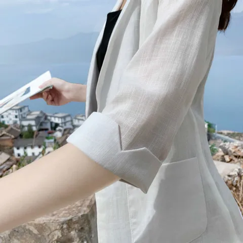 White Three Quarter Белые черные женские блейзеры и куртки мода 3/4 рукав хлопок льняное пальто элегантные куртки на одной пуговице костюмы женские большие размеры - Цвет: White Three Quarter