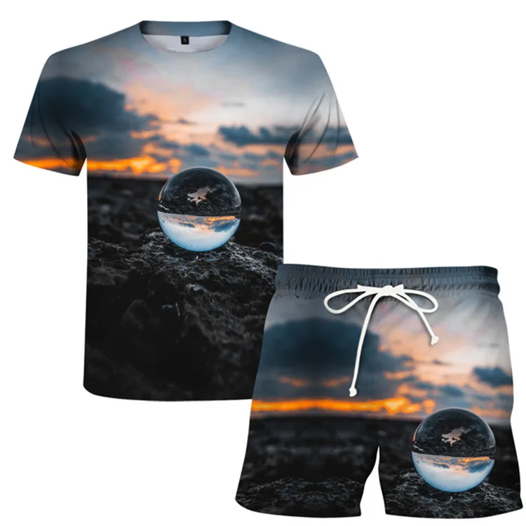 

2021 new fashion men's T-shirt+shorts suit seaside scenery outdoor sportswear