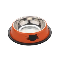 stainless steel lacquer pet bowl cute cat printing drinking water container travel portable dog food feeder with rubber base