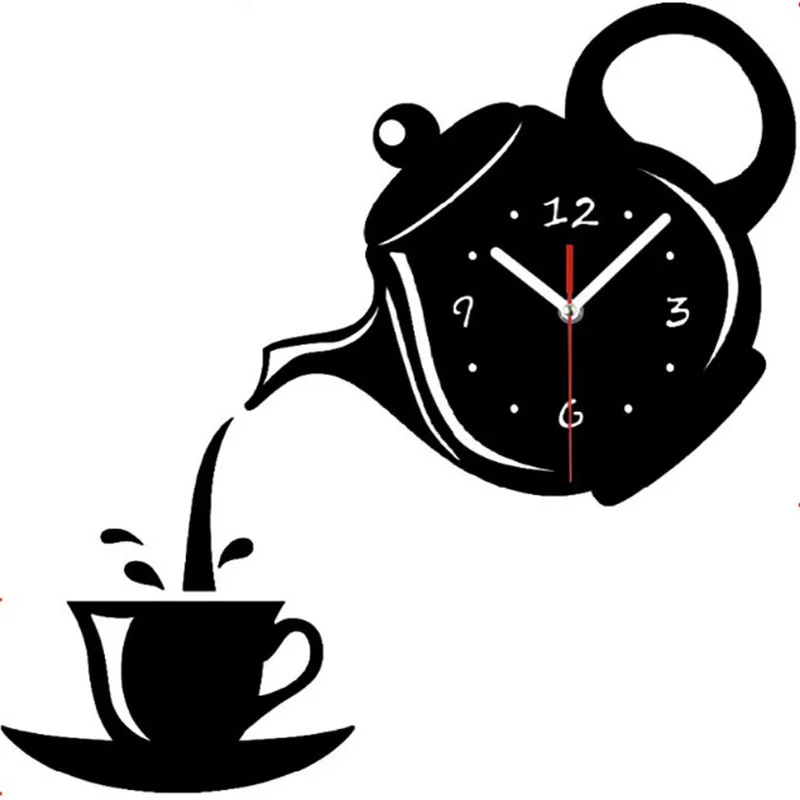 

1Pcs New Clock Wall Round Teapot set Clocks Stickers Acrylic DIY Home decoration wallpaper battery living room Mirror side Watch