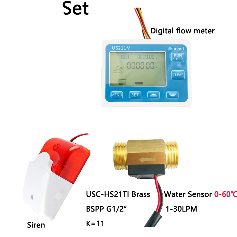 

US211MA Pipe Water Suspend Alarming System & USC-HS21TI Brass BSPP G1/2" Flow Sensor Turbine Flowmeter iSentrol with Siren iSent