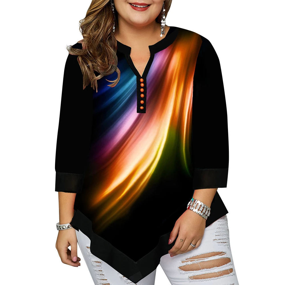 

Plus Size Women's Casual V Neck Long Sleeve Femme Clothes 2021 Fashion Aurora Print T-shirt Top Irregular Hem Camisetas De Mujer