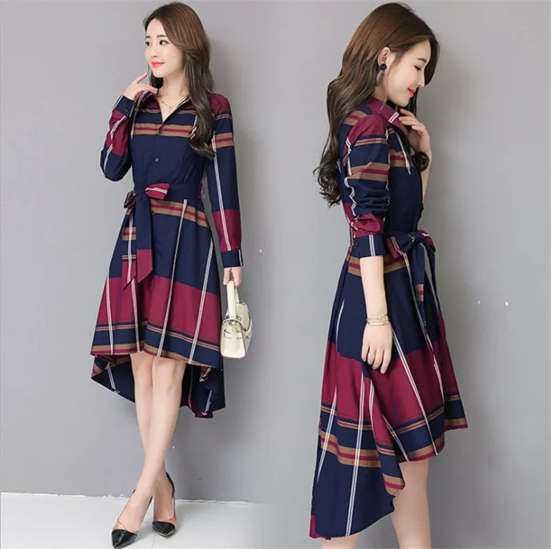 Женское винтажное платье в клетку элегантное асимметричное с длинным рукавом