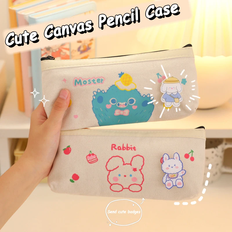 

2021 New Popular Japanese Simple Large-capacity Pencil Case INS Cartoon Bear Canvas Student Pencil Stationery Box