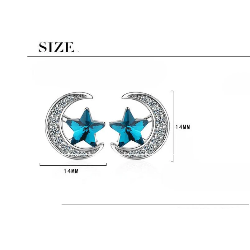 

New Simple Blue Crystal Pentagram Star Moon Stud Earrings for Women Pentagram Blue Star Earrings Fashion Jewelry With