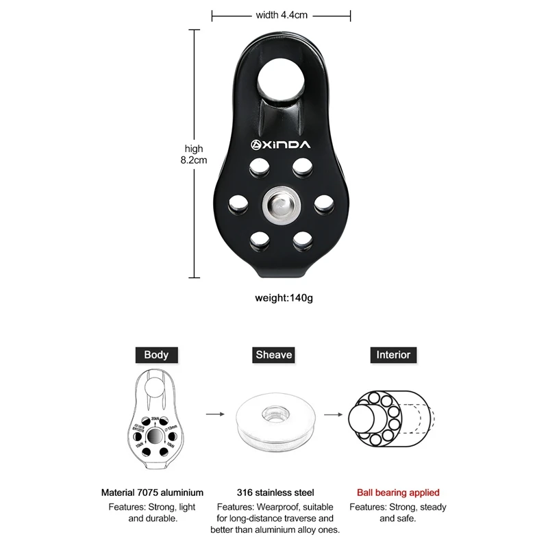 

XINDA Professional Fixed Pulley Gear in Ball Bearing Mountaineering Rock Climbing Traverse-Solving Carriage Pulley