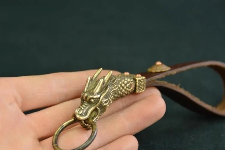 

LAOJUNLU Archaize Dragon Head Keychain Waist Buckle Pure Copper Old Cowhide
