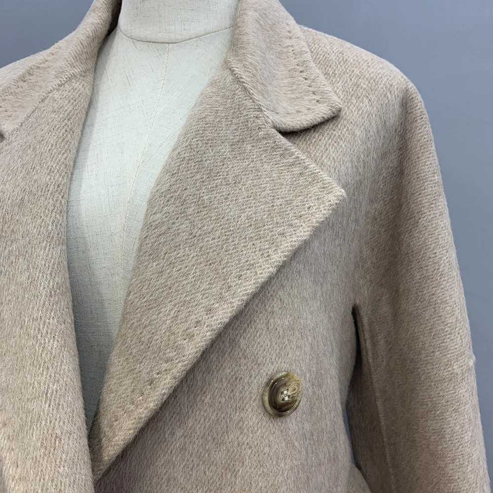 

Autumn Winter Office Women Elegant Chic Wool Coats Double Breasted Belt Long Sleeve Pockets Turn Down Collar Outerwear S8615
